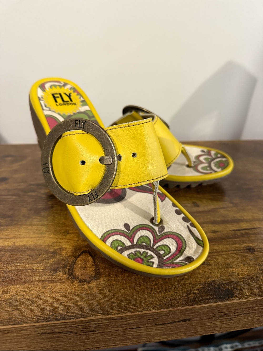Fly London Yellow Leather Buckle Thong Sandals with Block Heel - EU 37